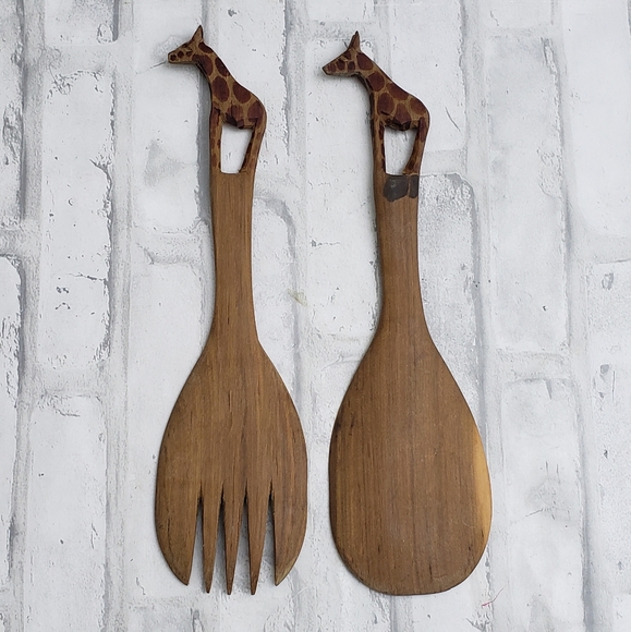 African Hardwood Teak Spoon Fork Spatula Giraffe Handle Salad Serving Set - Picture 4 of 6